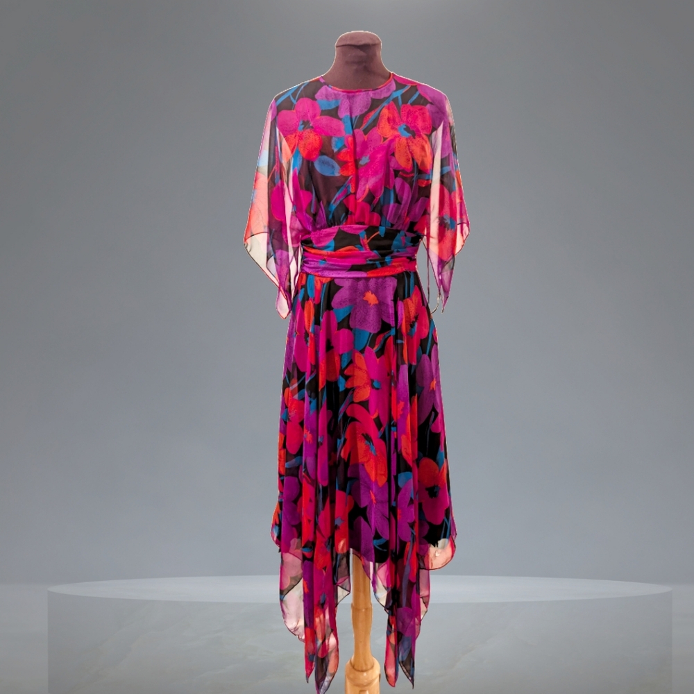 Vintage Jo-Ed Sophisticates Bright Floral Print Batwing  Sheer Dress